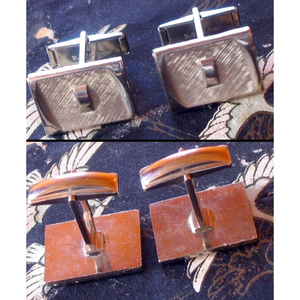 Vintage Rectangular Silver Tone Cufflinks With Textured Center & Toggle Back Clo